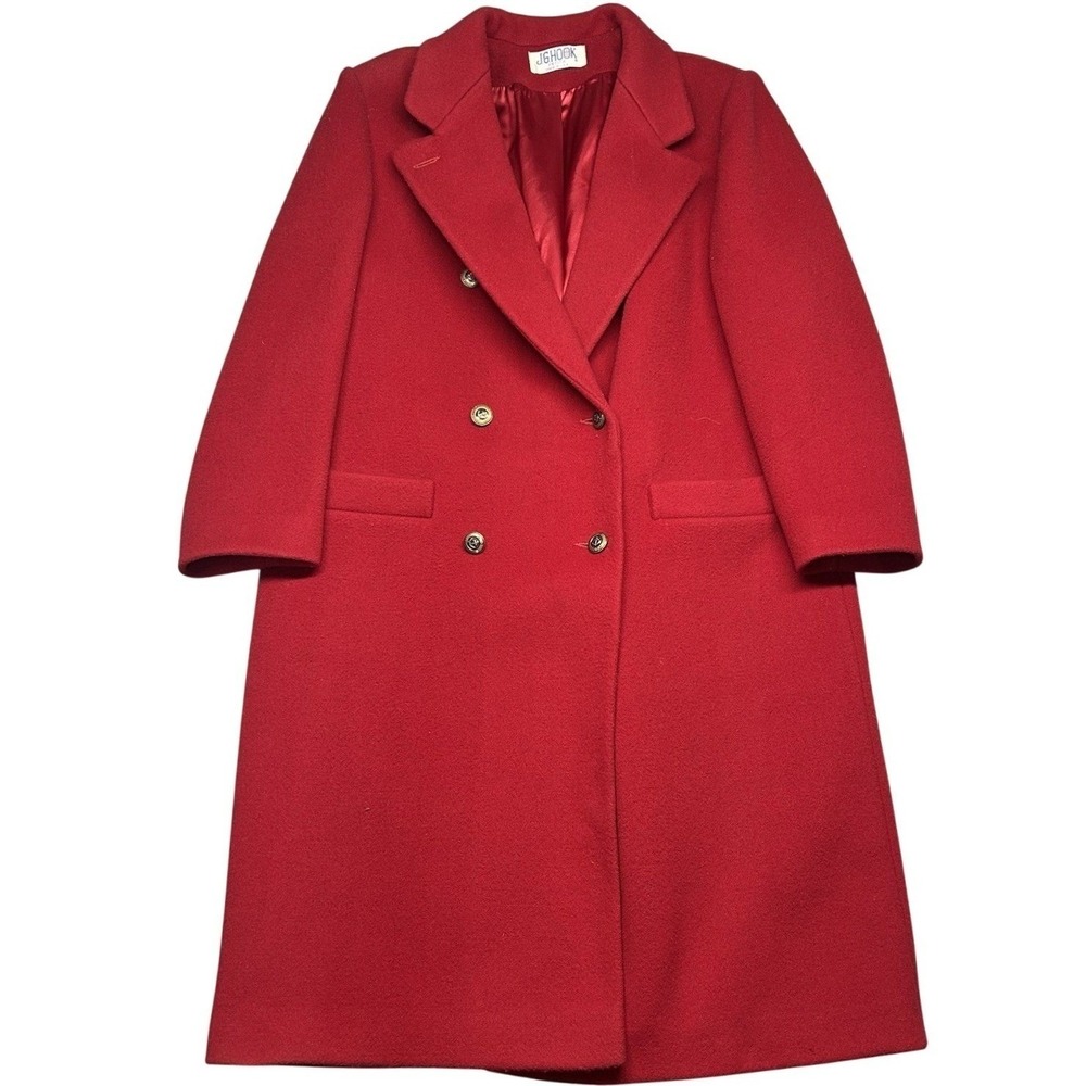 JG Hook Long Coat Red Womens Wool Double Breasted Gold Buttons Vintage USA 40